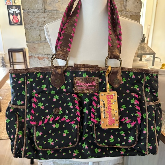 Betsey Johnson Handbags - Betseyville by Betsey Johnson Black with Pink Rose Buds Vinyl Diaper Bag